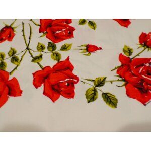 Vintage White Cotton Tablecloth With Red Roses & Green Leaves 52"x52" Grannycor